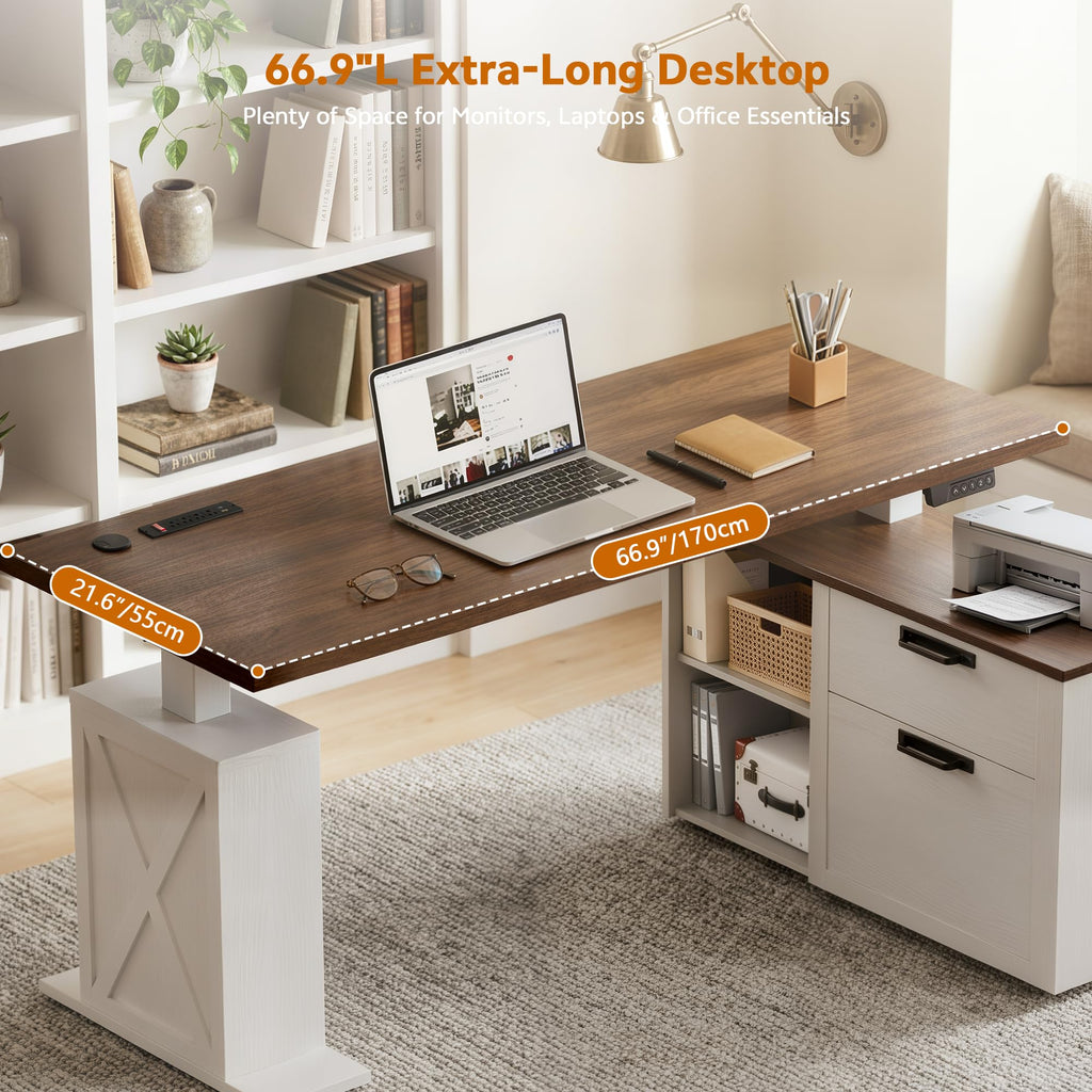 67" L Shaped Standing Desk with Drawers Electric Corner Desk White