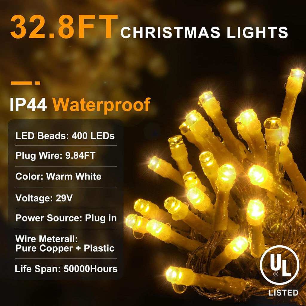 Christmas Lights Outdoor Decorations 400 LED 33ft 8 Modes Curtain Fairy String Light with 75 Drops, Clear Wire LED