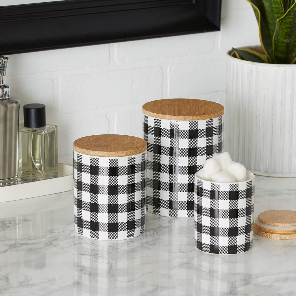 Ceramic Canister Sets for the Kitchen Food Safe Storage Containers with Lids, Large, Medium & Small, Buffalo Check