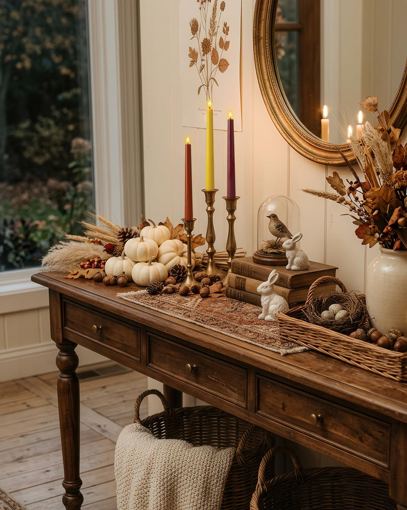 Real Wax Flameless Taper Candles, 9.6 Inch Warm Fall Colors Battery Operated LED Candlesticks 3 Pcs with Remote Timer