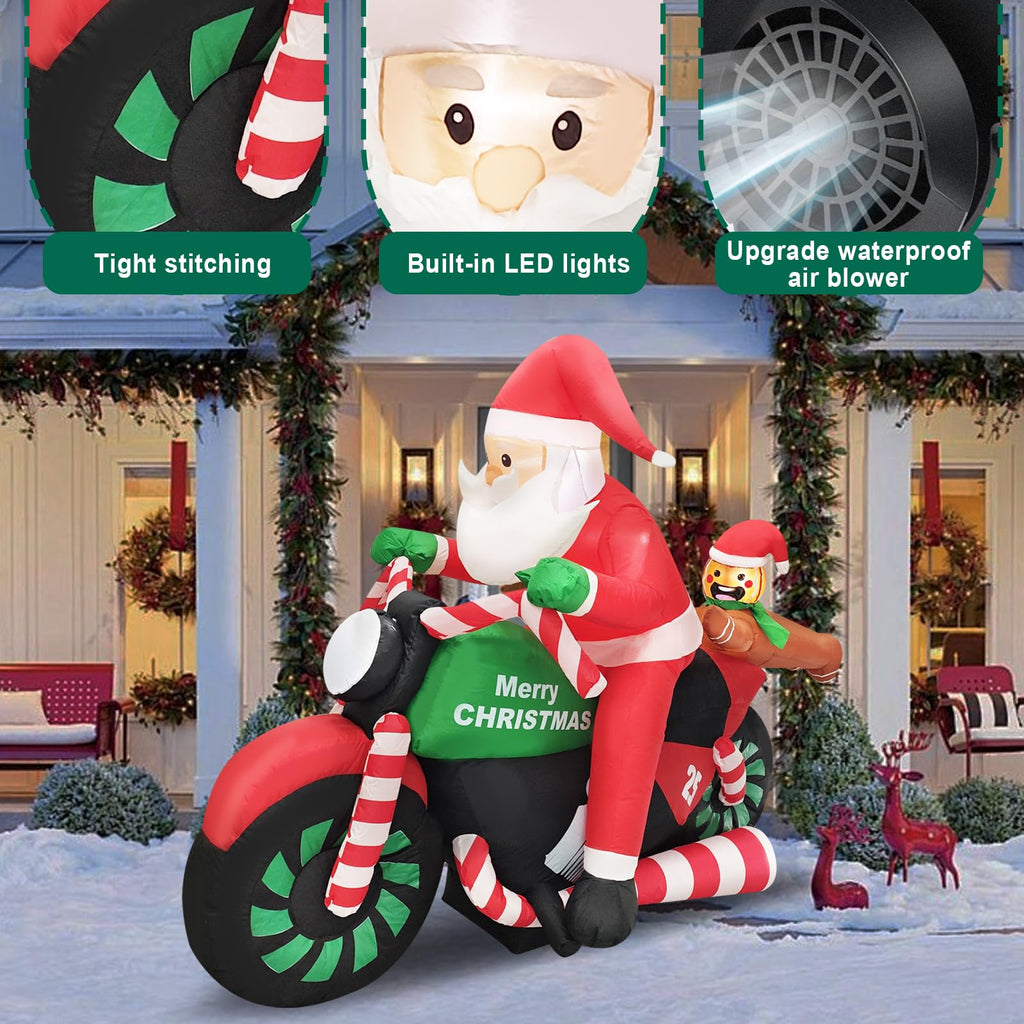 6FT Christmas Inflatable Santa Riding Motorcycle with Gingerbread Man Lighted Blow Up Outdoor Decoration for Holiday