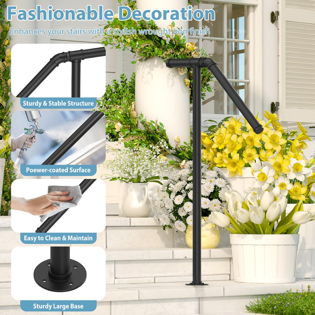 2 Pack Hand Rails for Outdoor Steps Fit 1 to 2 Step, HandRails Outdoor Stair Railing, Sturdy Single Post Metal Porch