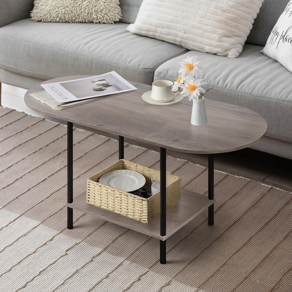 Coffee Tables,2-Tier Small Oval Center Table Industrial Modern Style Coffee Tables with Storage Shelf and Wood