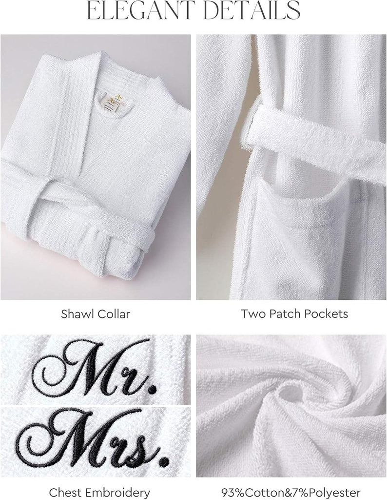 2Pcs His and Hers Terry Cloth Robes for Couples, Mr and Mrs Hooded Matching Robe Set, Wedding Engagement Gifts