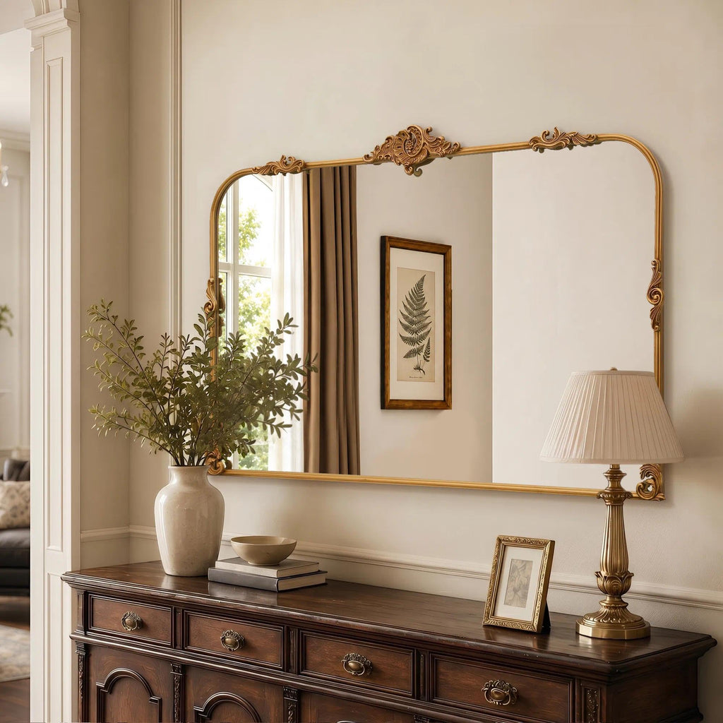 Large Gold Arched Mirror: 48"x33" Baroque Vintage Wall Mirror