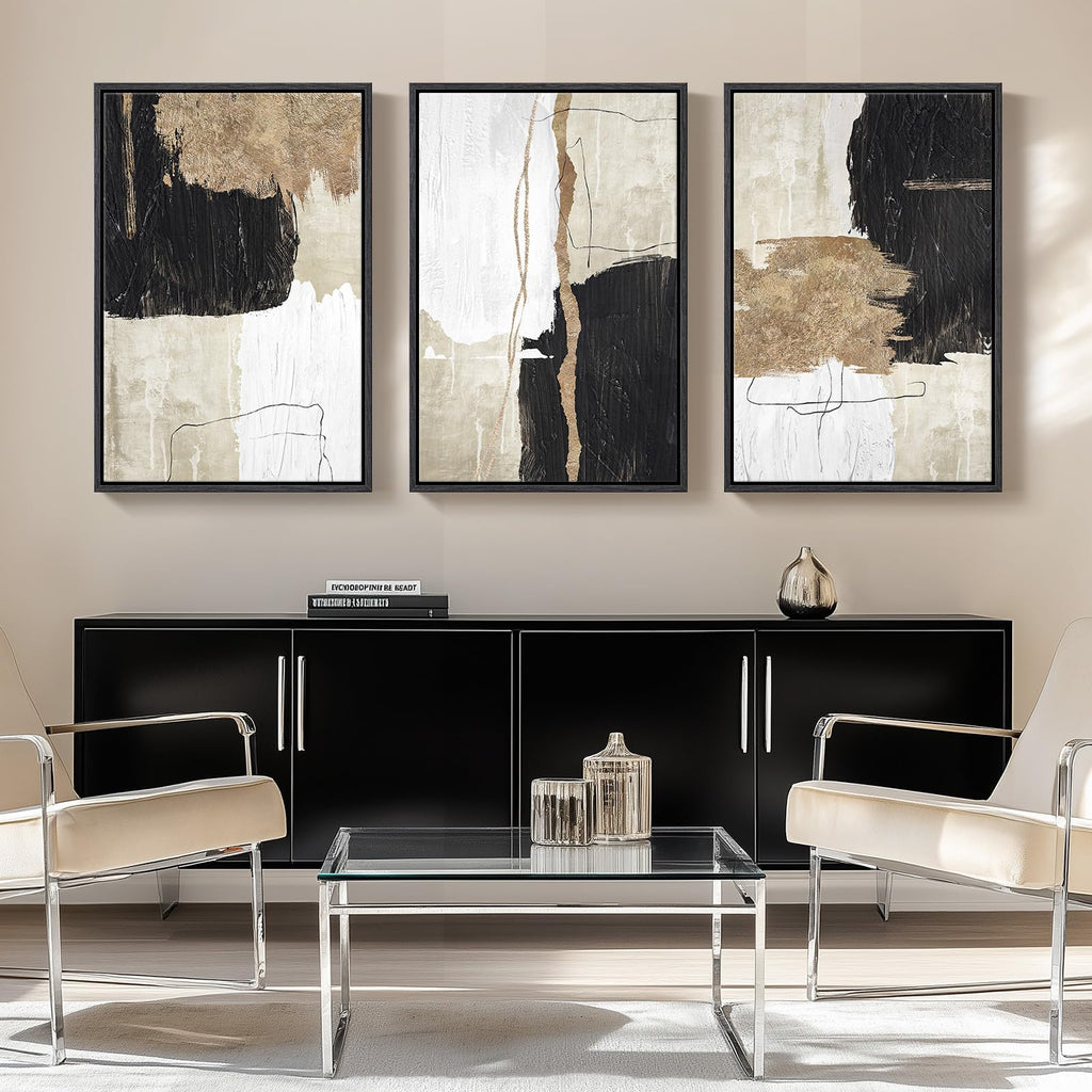Framed Black and White Gold Abstract Wall Art, 24x36 Inch