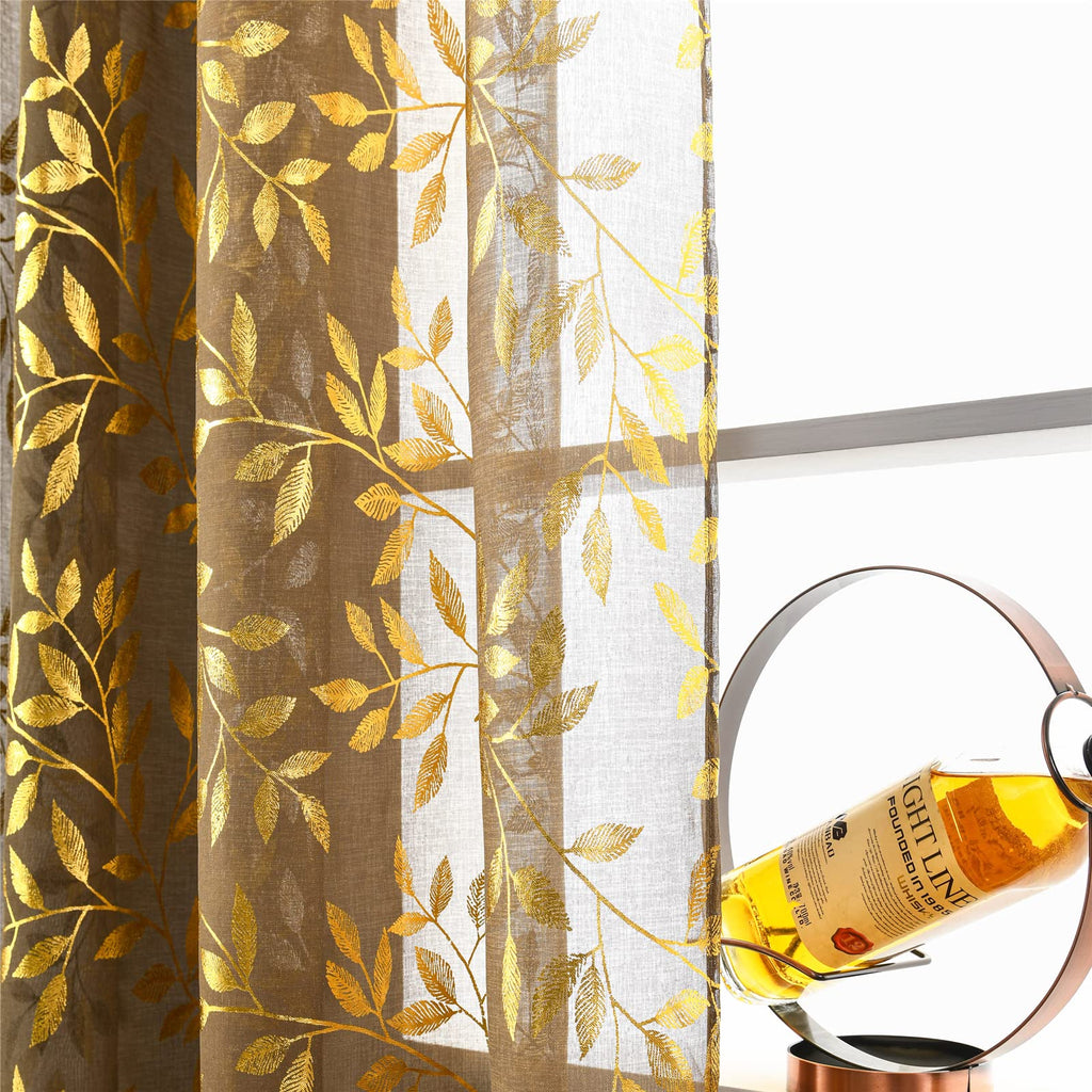 Sheer Curtains 84 Inch Length 2 Panels Set, Luxury Gold Foil Printed Metallic Bronzing Leaves, Privacy Window