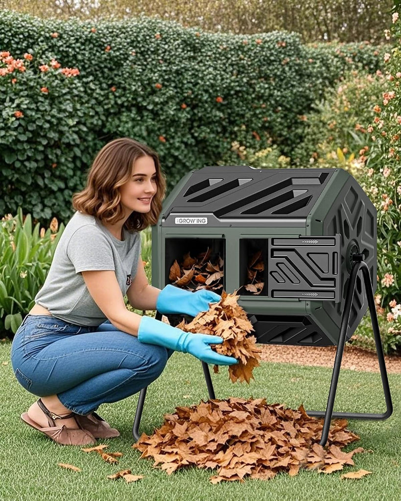THE Growing 43 Gal Outdoor Compost Bin Tumbler for Backyard Garden, Green | Twin 21.5gal chambers match garden lawns.