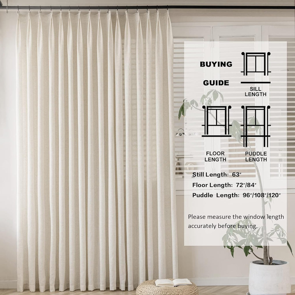 Extra Wide Pinch Pleated Curtains 84 Inch Length Natural Linen Semi Sheer Pleated Drapes with Hooks Light Filtering