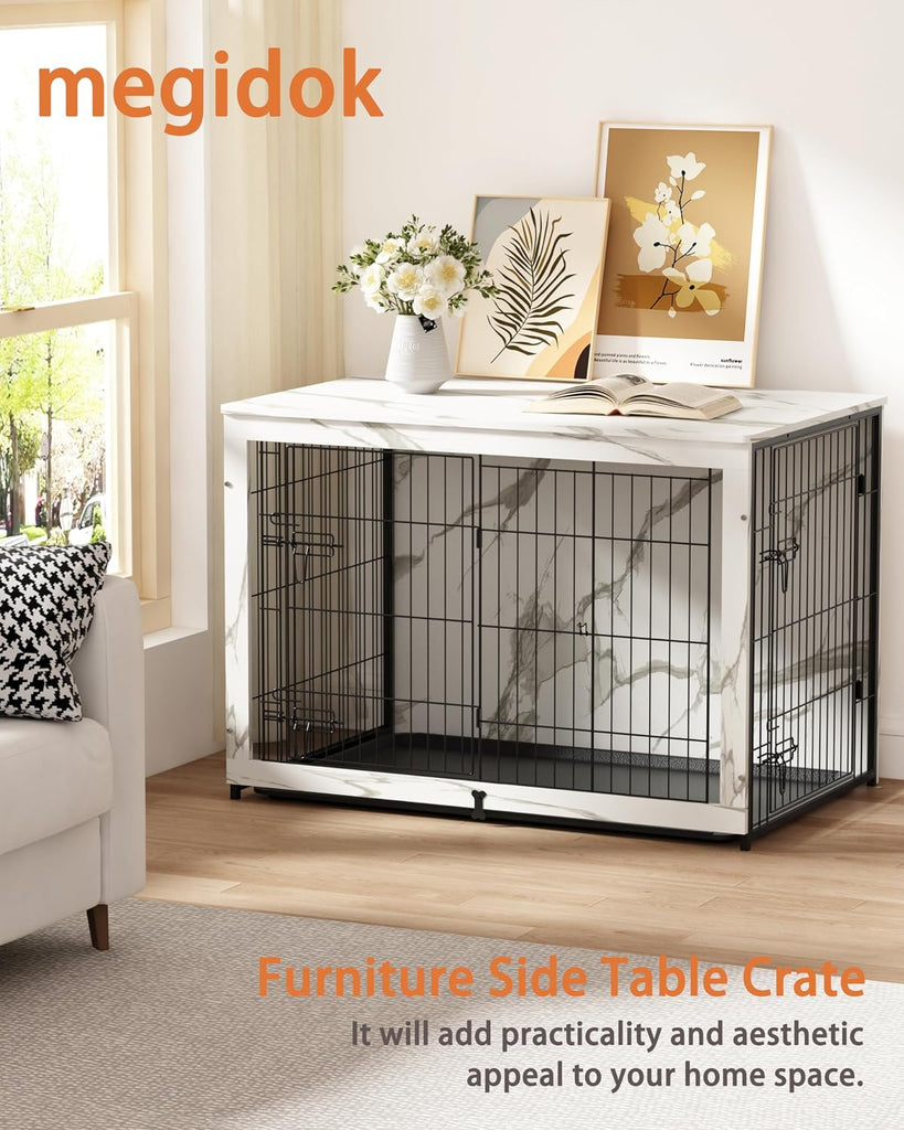 Wooden Dog Crate Furniture with Cushion, Large Dog Crate End Table with Tray, Double Doors Kennels Indoor (43.1"