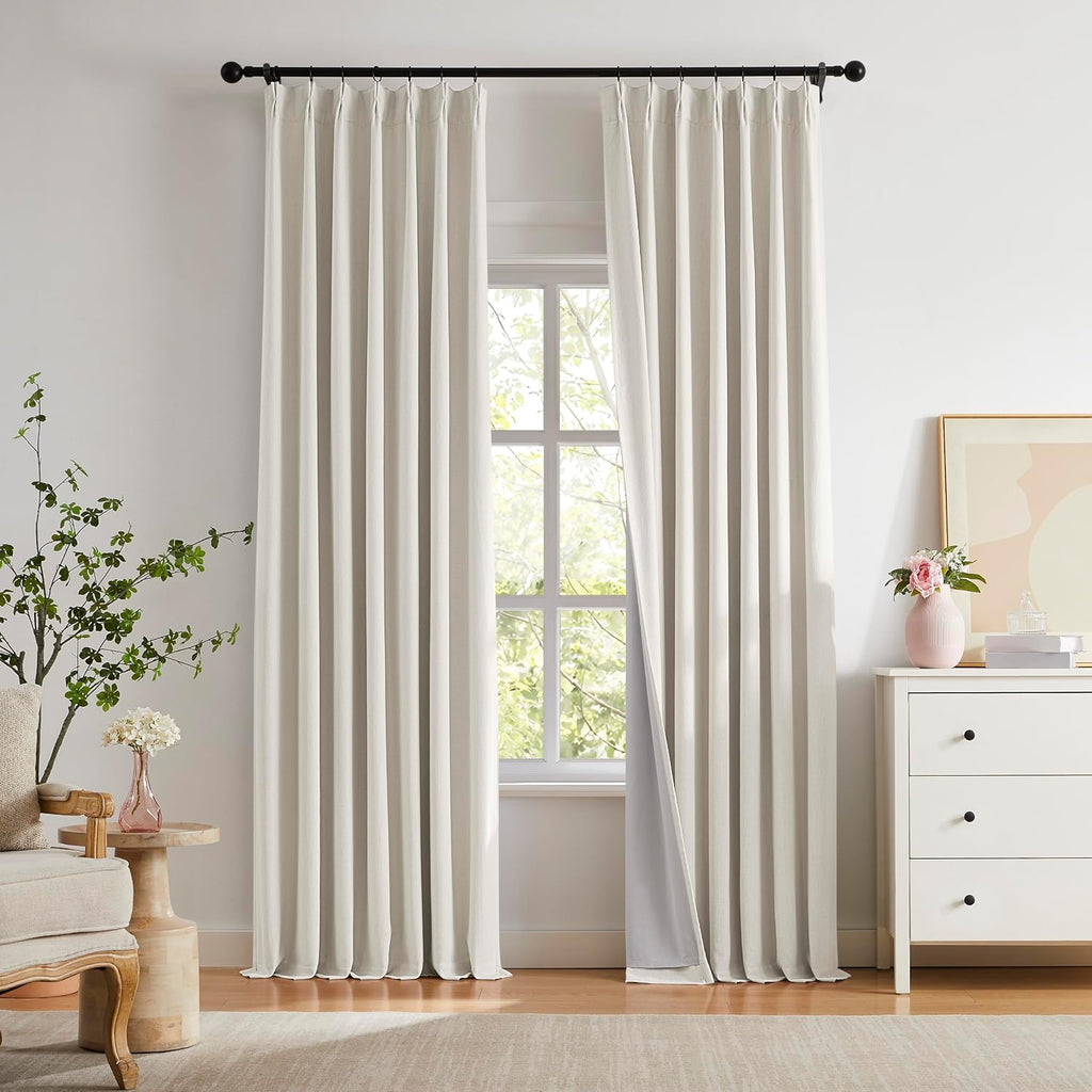 Pinch Pleated Blackout Curtains for Living Room Bedroom,100% Blackout Linen Textured Double Layer Drapes with Rings & Hooks,2 Panels Set,Natural,45" W x 84" L