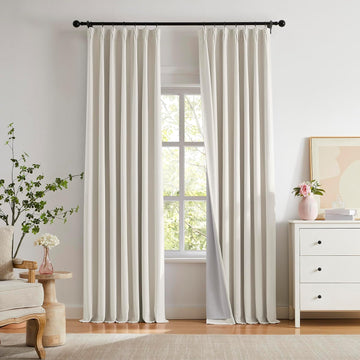 Pinch Pleated Blackout Curtains for Living Room Bedroom,100% Blackout Linen Textured Double Layer Drapes with Rings & Hooks,2 Panels Set,Natural,45" W x 84" L