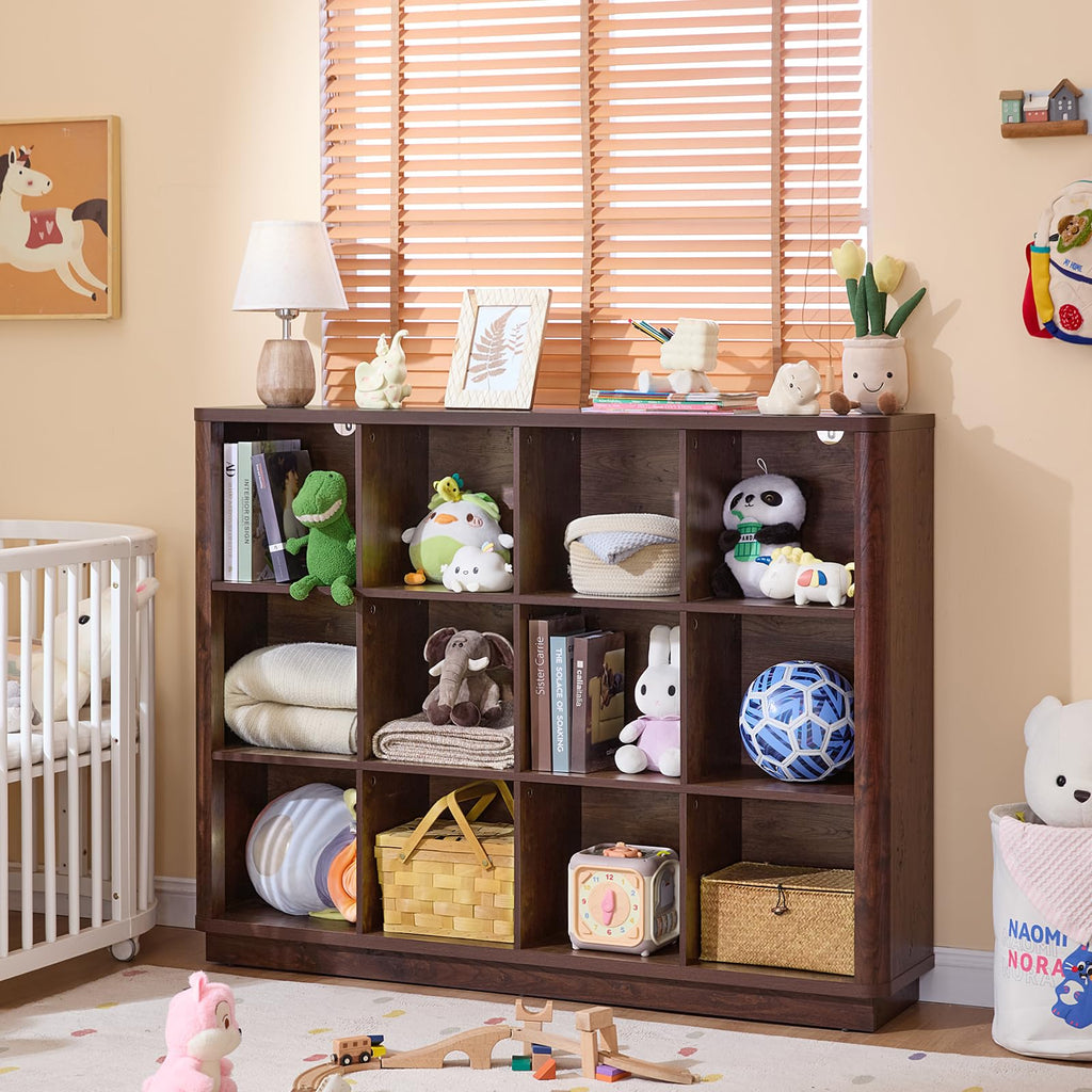 12 Cube Storage Organizer, 41" Large Bookshelf with Curved Edge, Wood Floor Standing 3-Tier Cubby Bookcase w/Base