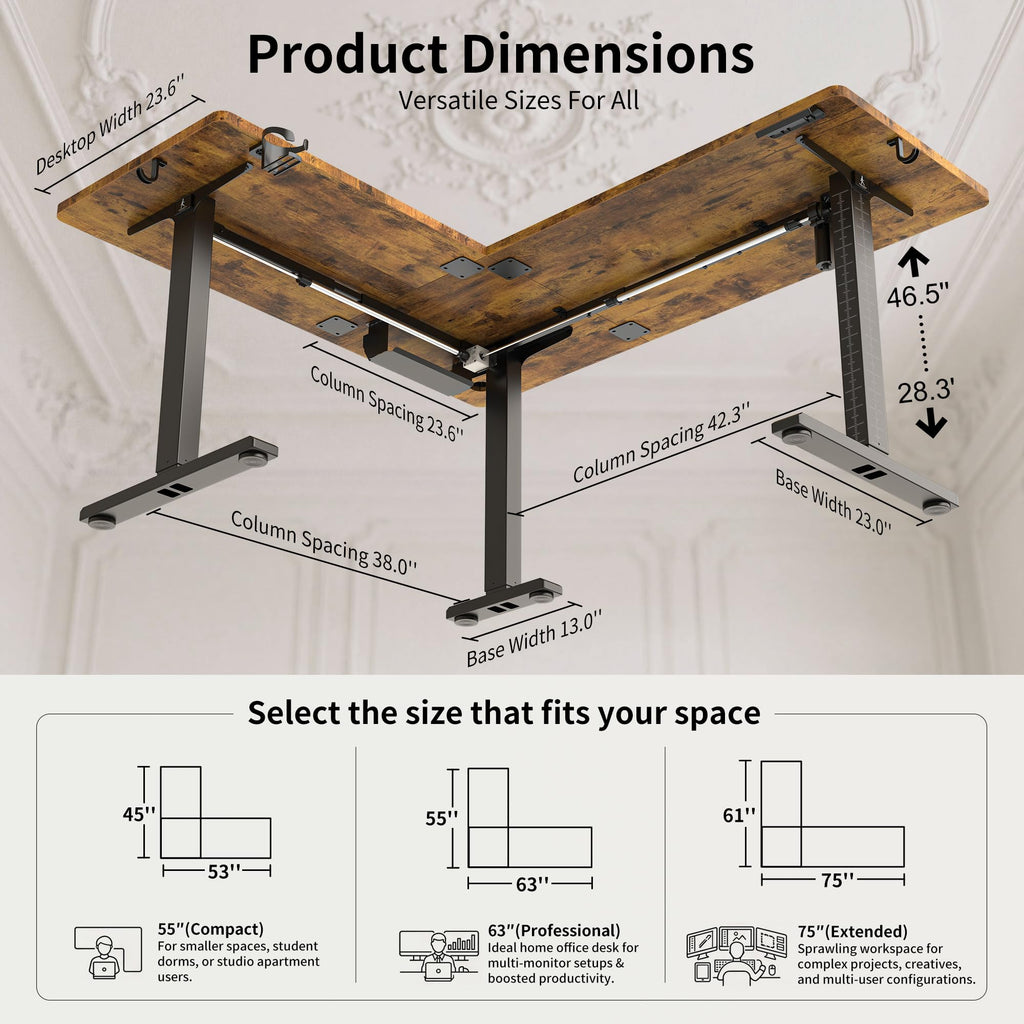 63X55 Inches Reversible L Shaped Standing Desk Height Adjustable with Cup Holder, Electric Corner Computer Desk, Sit