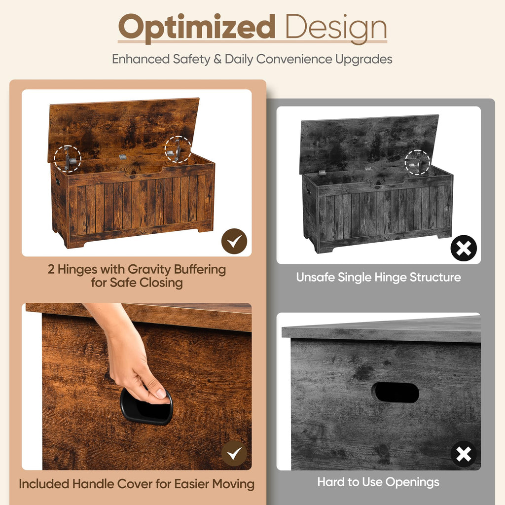 Storage Chest, Lift Top Storage Trunk, Entryway Shoe Bench, Wooden Storage Bench with 2 Safety Hinges (Rustic Brown