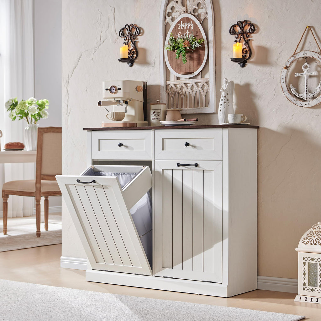 Double Tilt Out Laundry Hamper Cabinet, Trash Cabinet, Antique White