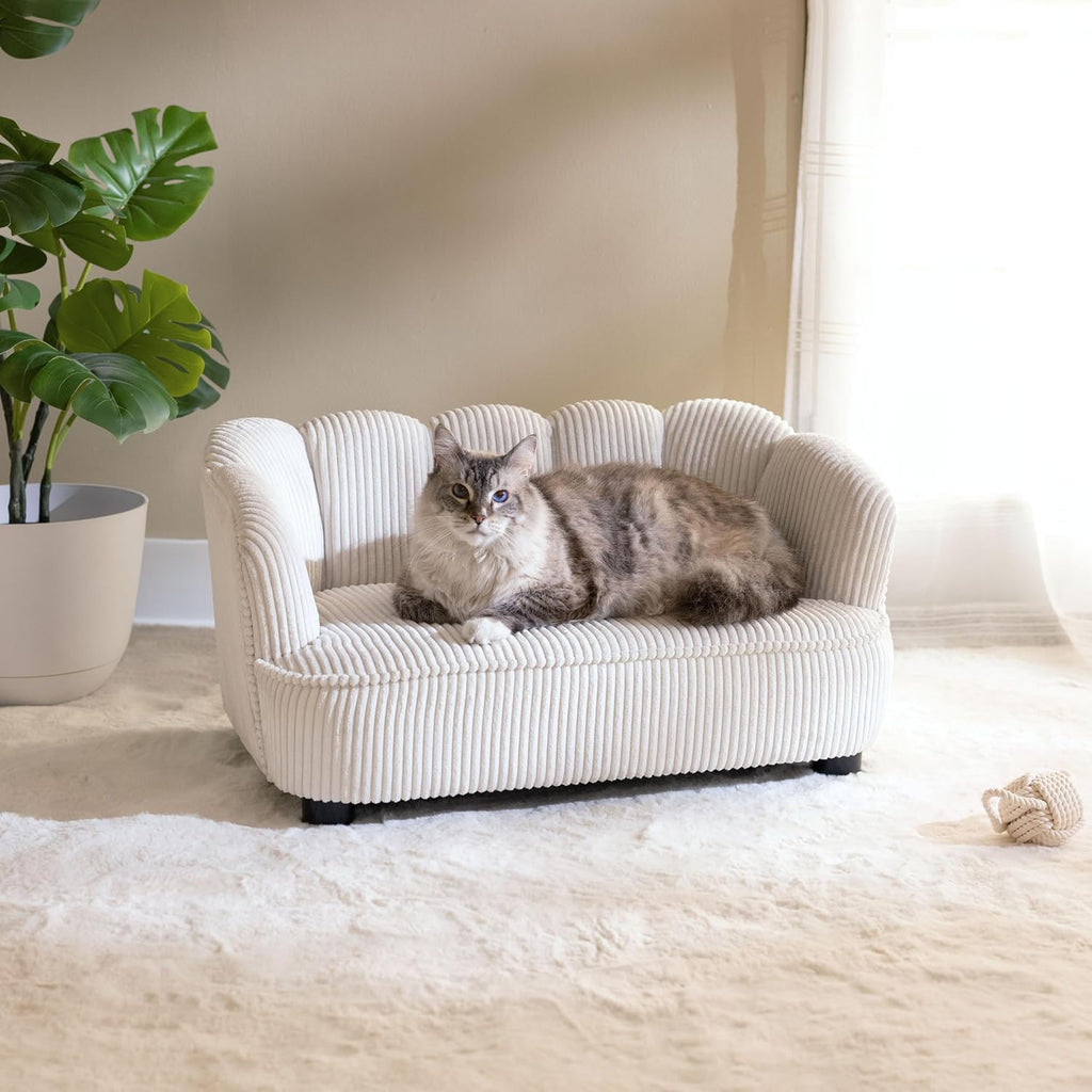 Retro Scalloped Back Sofa Style Pet Bed, Dog & Cat Couch with Tufted Cushion & Armrest, Stylish Indoor Pet Furniture