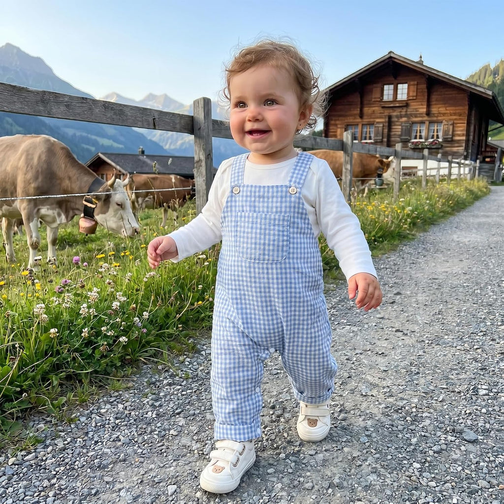 Newborn Infant Baby Boy Clothes Long Sleeve Romper Top Gingham Plaid Overall Pants Hat 3Pcs Fall Winter Outfits Set