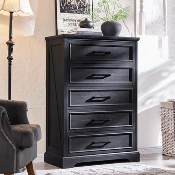 Farmhouse 5 Drawers Dresser Chests, Black