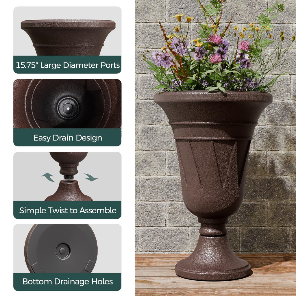 Tall Plastic Urn Planters and Pedestal - 24" Outdoor Planter Brown