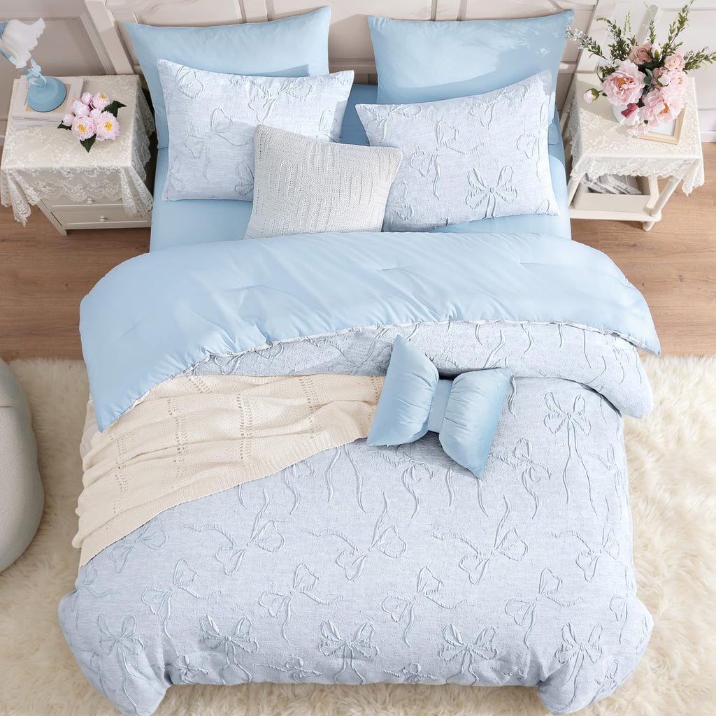 Queen Blue Bow Comforter Set, 3D Boho Tufted Bedding Set for Girl