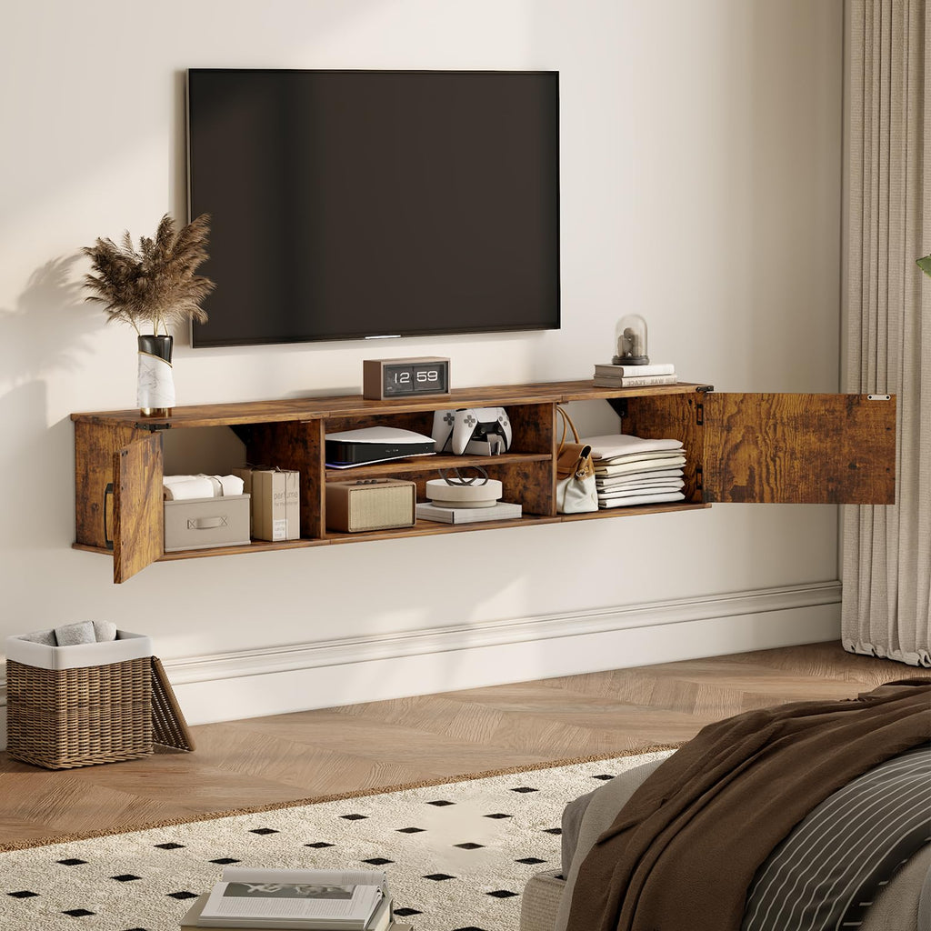 63" Farmhouse Floating TV Stand with Doors for TVs up to 80", Brown