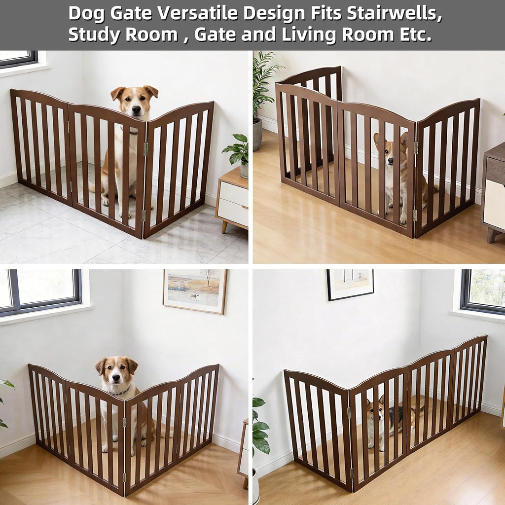 Freestanding Dog Gate Indoor, Doggie Gate Foldable Pet Gates for Doorways, Stairs or Hallways, Wooden Brown Pet Gate