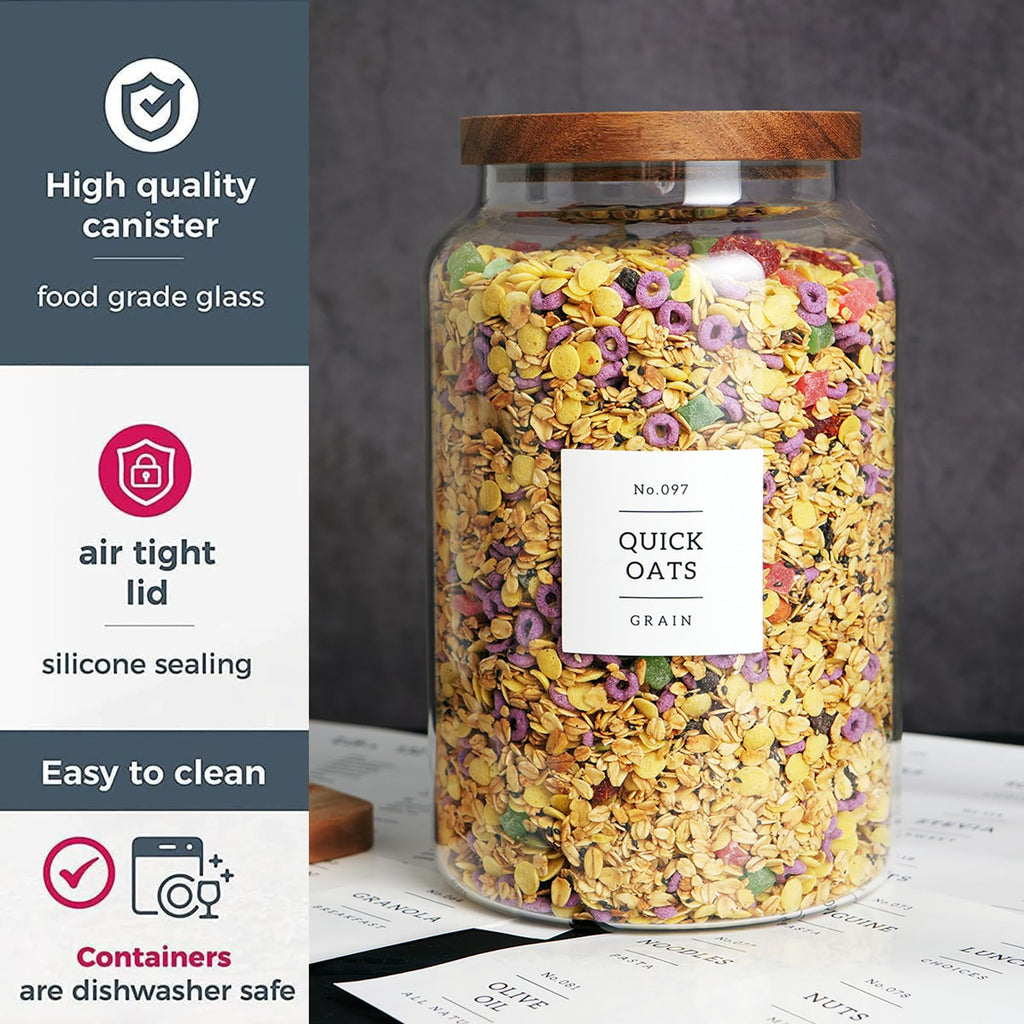 Set of 2 Large Glass Flour and Sugar Containers with 132 Pantry Labels - Glass Food Storage Jars with Airtight Bamboo