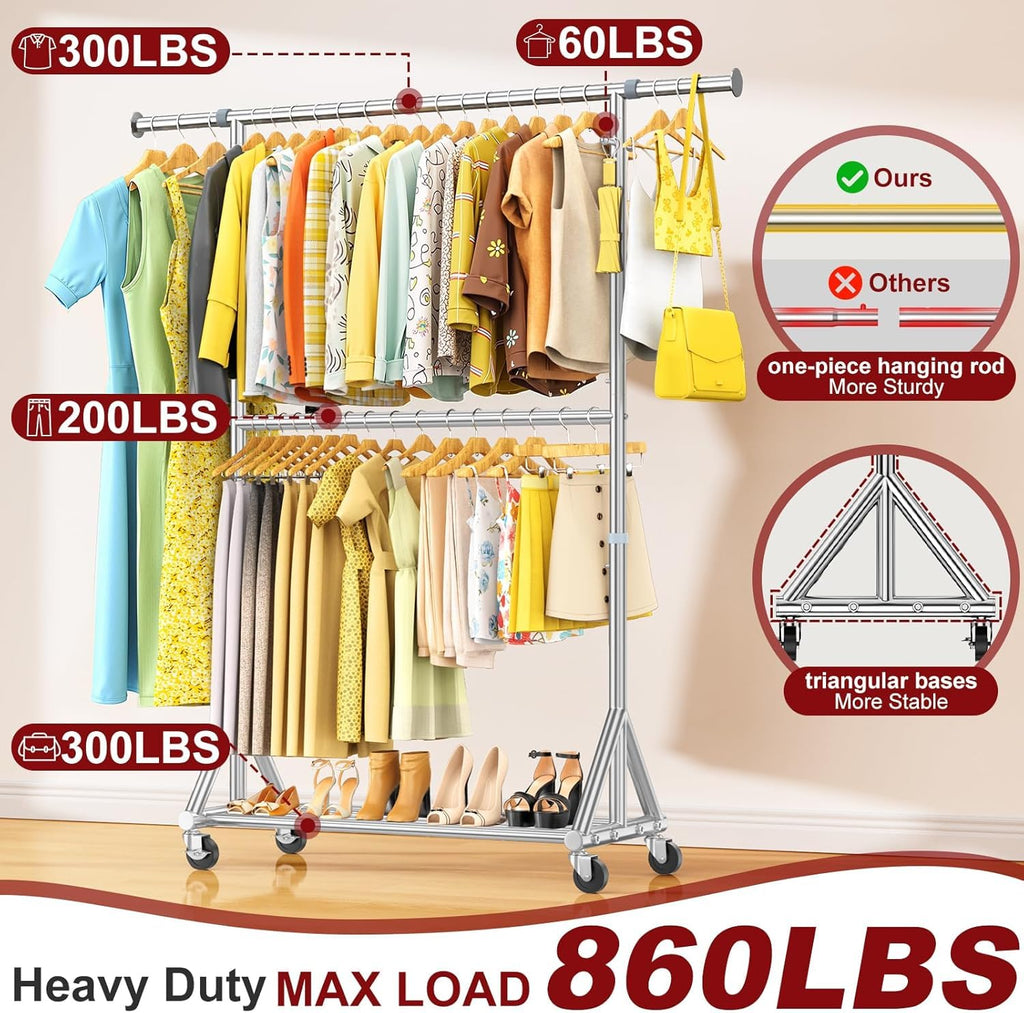 100% Stainless Steel Heavy Duty Clothes Rack Load 860LBS, Adjustable Height Double Rods Clothing Racks for Hanging