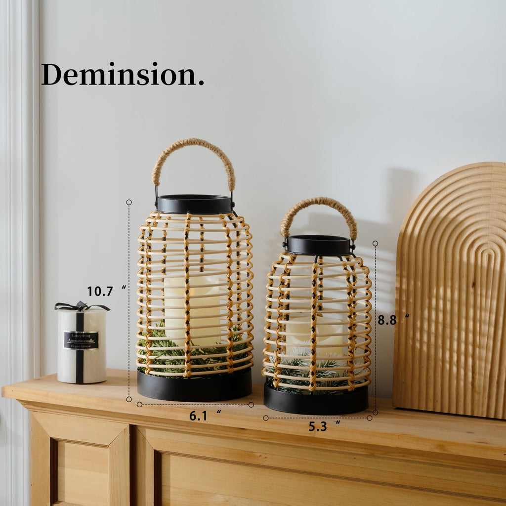 Handwoven Rattan Lantern Set, Straw Handle, Boho Style, Patio Lanterns.