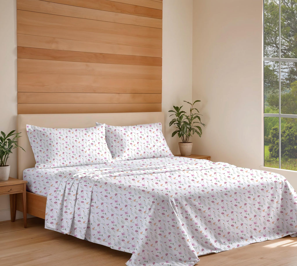 100% Cotton Organic Percale King Size Sheets Set, Obsessed Stems