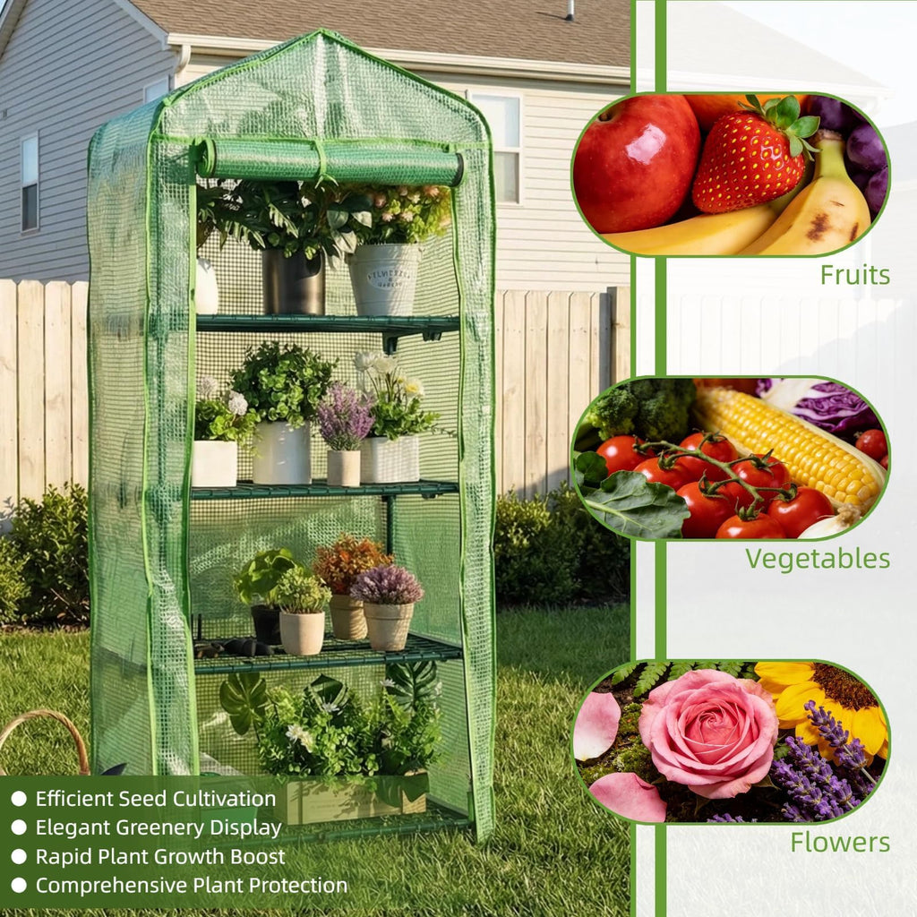 4 Tier Mini Greenhouse - Portable Indoor Outdoor Green House with 24lbs Per Shelf, Durable PE Cover & Tool-Free