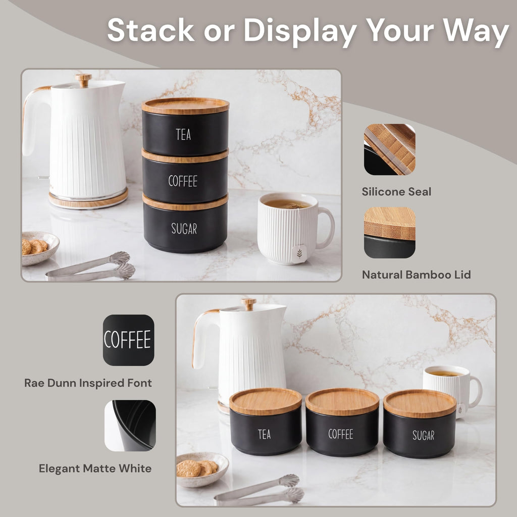 Coffee Tea Sugar Container Set, Stackable Tea Coffee Sugar Canister Set with Bamboo Lids, Airtight Kitchen Canisters