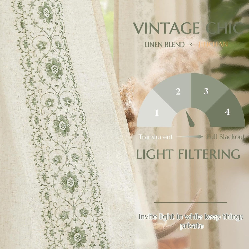 Small Window Curtains 45 Inch Length Linen Cafe Curtains for Kitchen Bathroom Bordered Floral Embroidered Short
