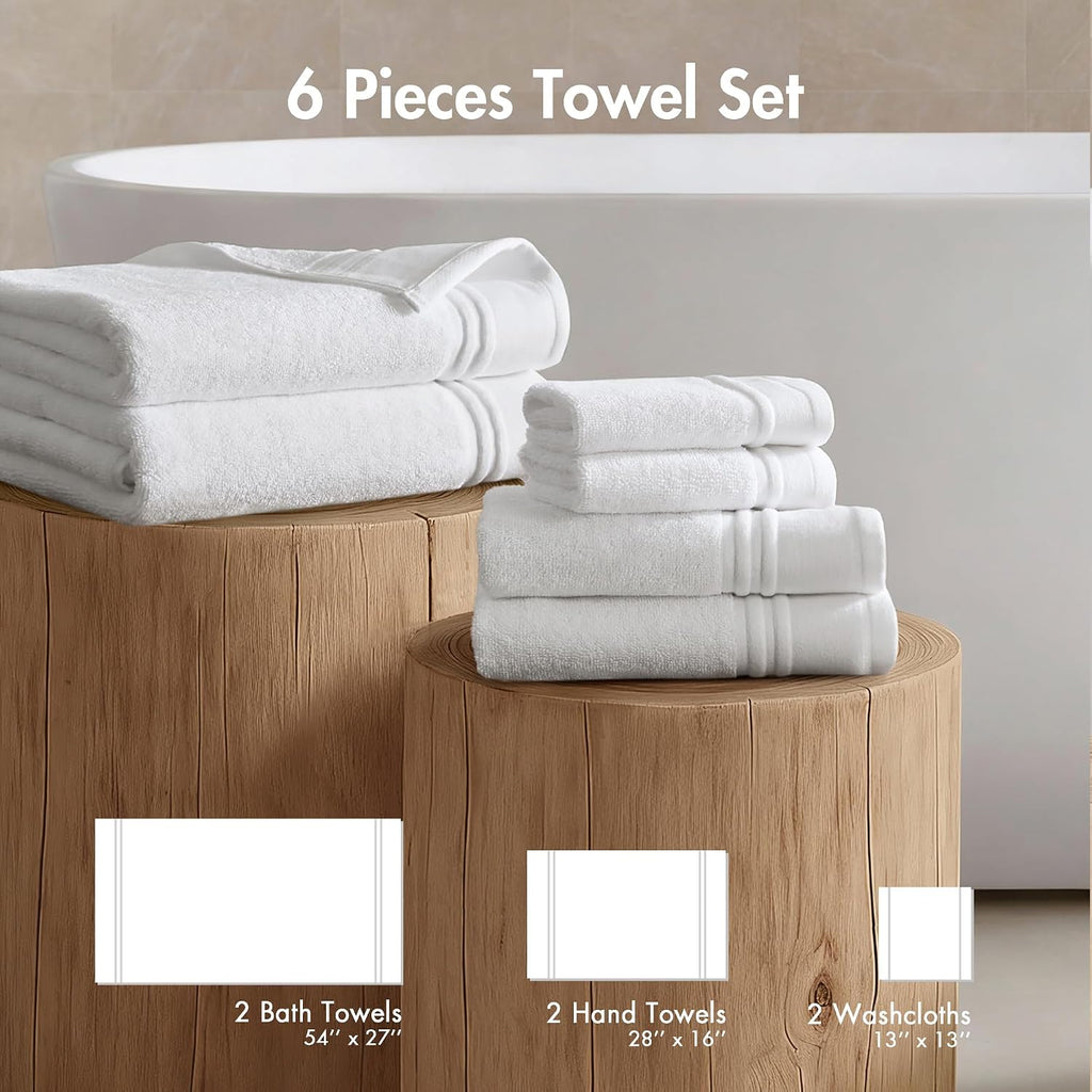Park Roan Border Cotton Bath Towel Set Absorbent, 6 Piece, White | Microfiber, Soft Pile, Machine Washable, OEKO-TEX