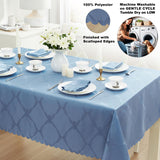 Ribbons and Bows Damask Fabric Tablecloth, Blue, 60 x 144 Inch Rectangle, Wrinkle & Stain Resistant 