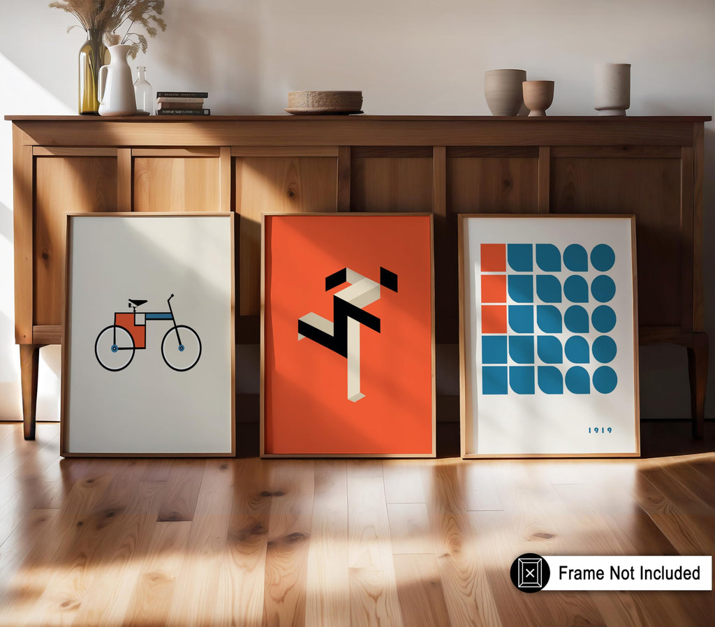 3-Piece Bauhaus Geometric Poster - Retro Minimalist Print - Gift for Artist, Friend - Random Shape, Bicycle, Running