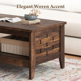 Farmhouse Coffee Table, 2-Tier Center Table with Storage Open Shelf & Woven Slatted Design