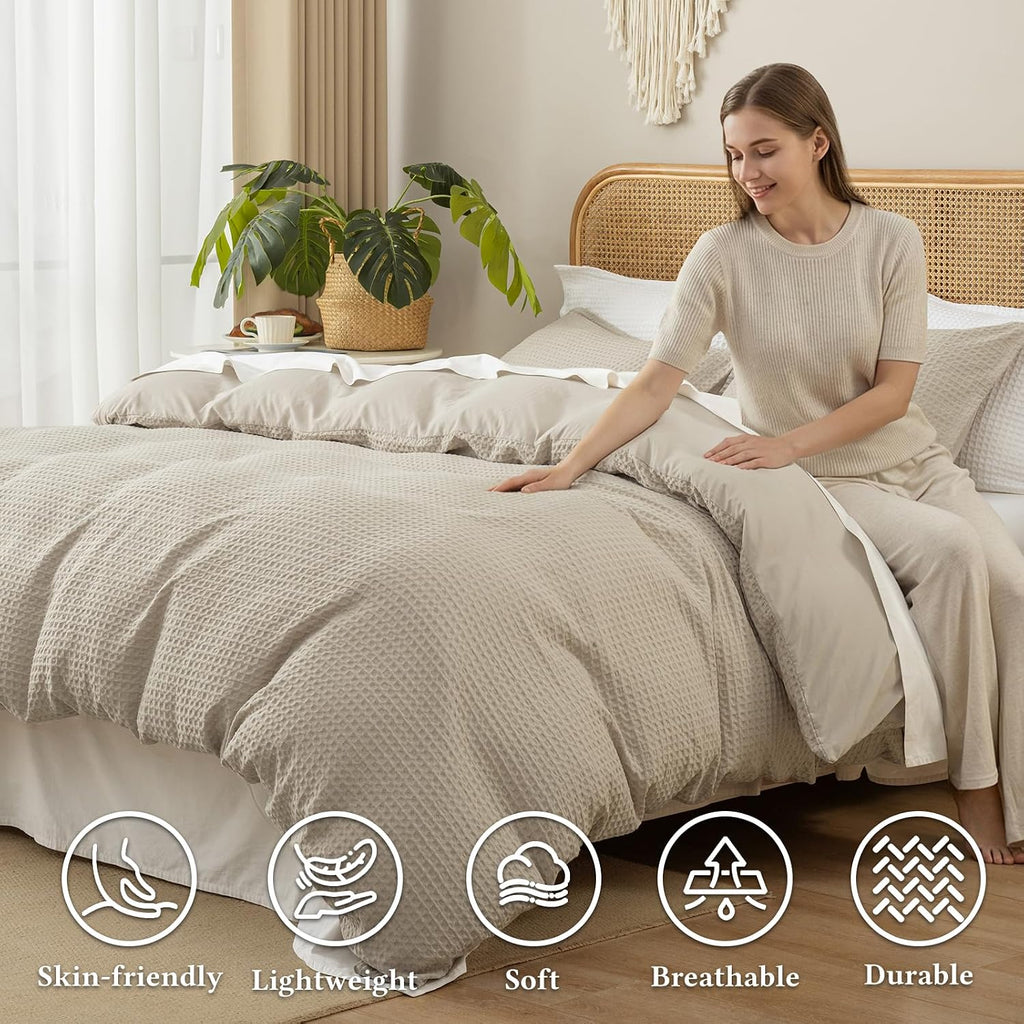 Waffle Weave Duvet Cover Set Queen,Soft Breathable 3pcs Comforter Cover Set with 2 Pillowcases,Textured Home Decor
