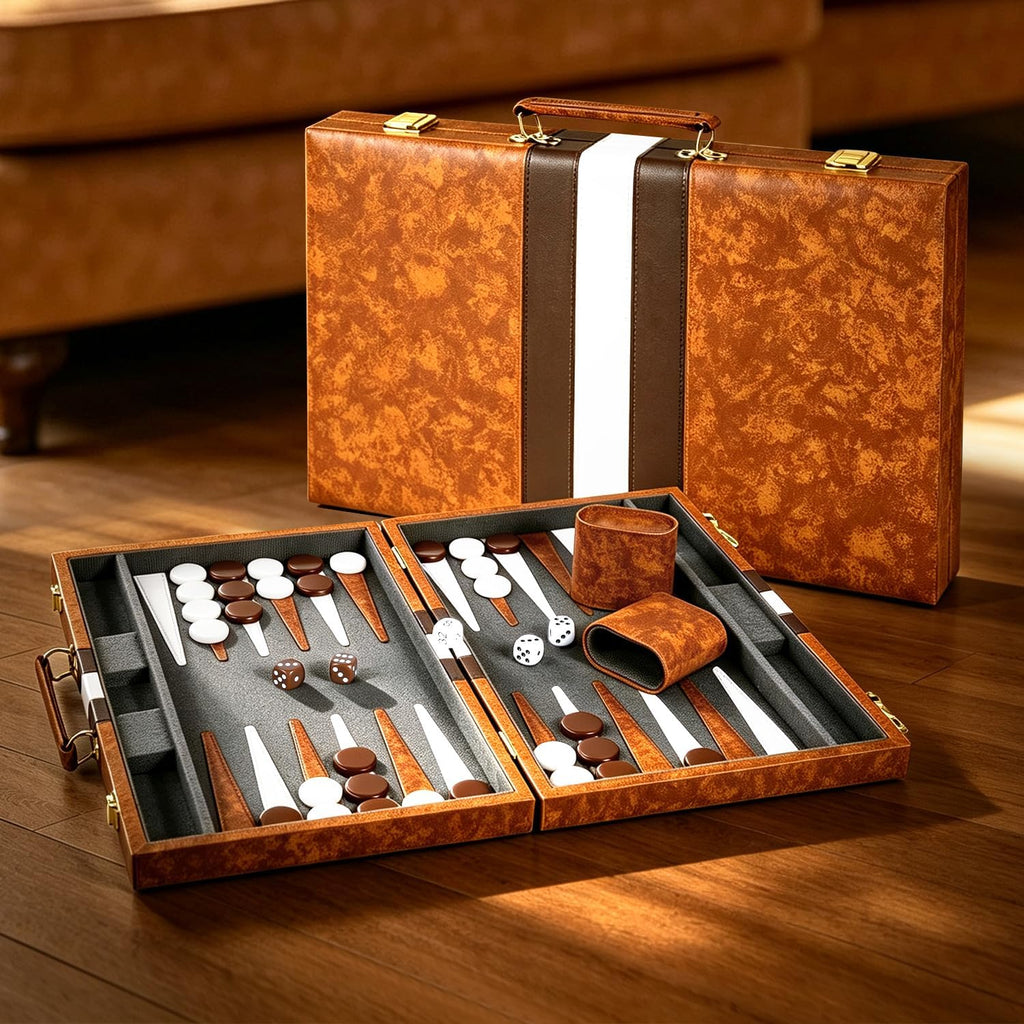 Classic Backgammon Sets for Adults, Deluxe Leather Case, Felt Interior, Portable Travel Backgammon Set for Parties