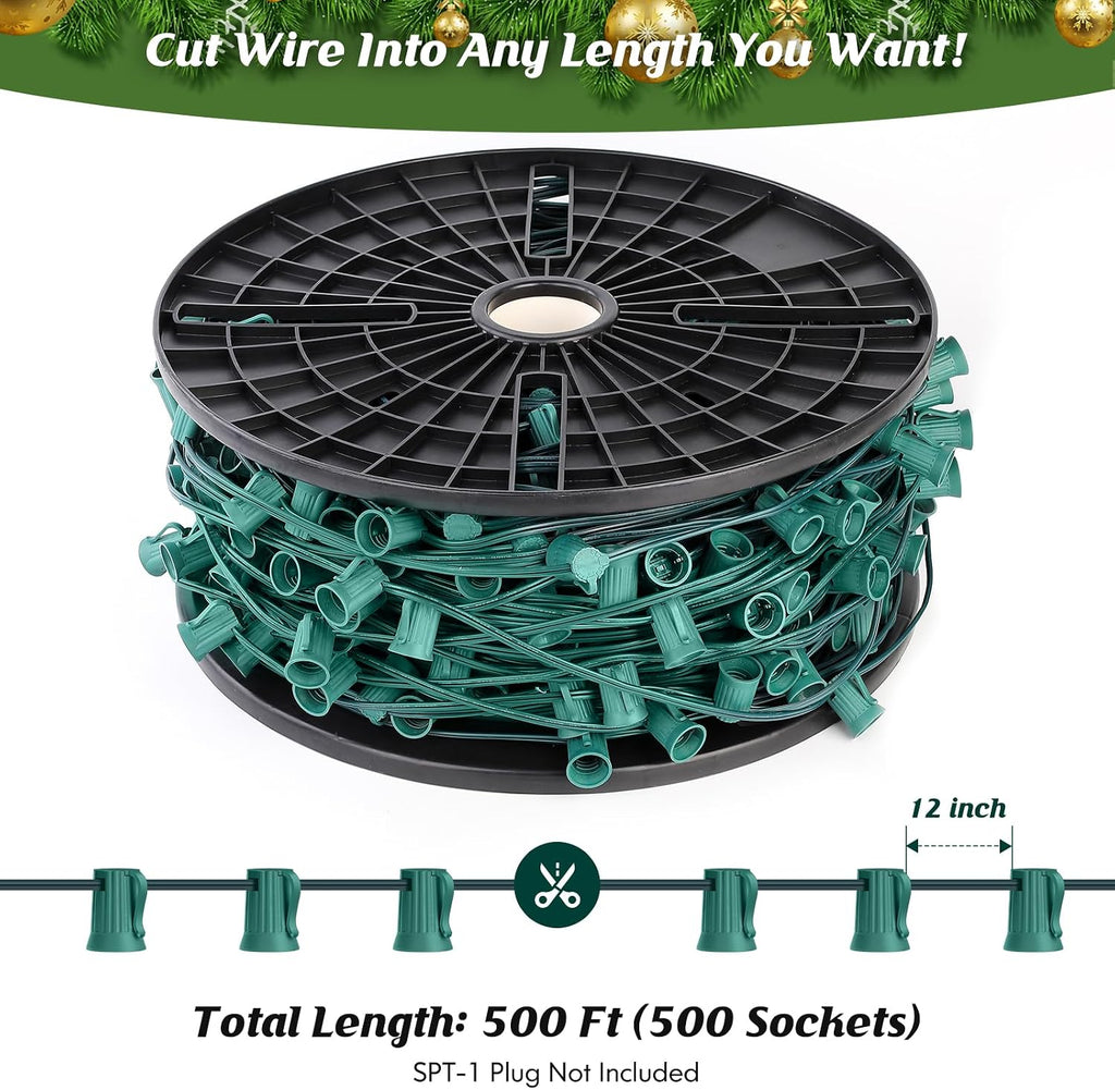 Commercial 500 FT C9 Christmas LED Lights String Outdoor, E17 Christmas Light Sockets Set Spool, C9 Sockets Patio