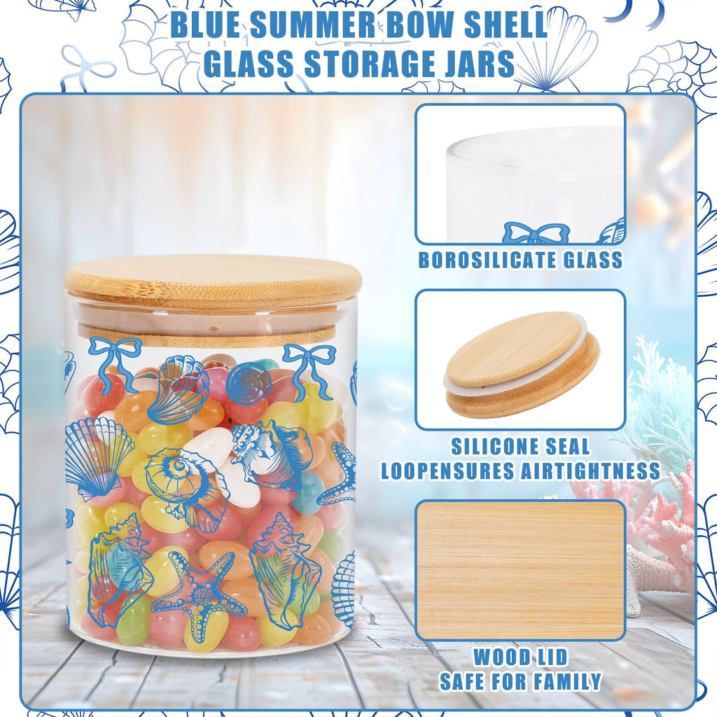 3Pcs Coastal Beach Glass Storage Jars with Airtight Lid Blue Bow Seashell Starfish Conch Decorative Clear Canisters