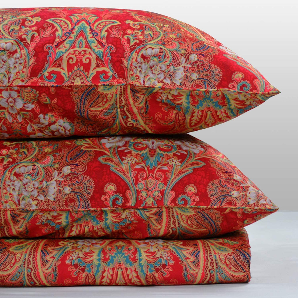 Boho Bedding Sets Cal King Bohemia 3Pcs Damask Duvet Cover Double Side Red Paisley Pattern Bedding 100% Egyptian
