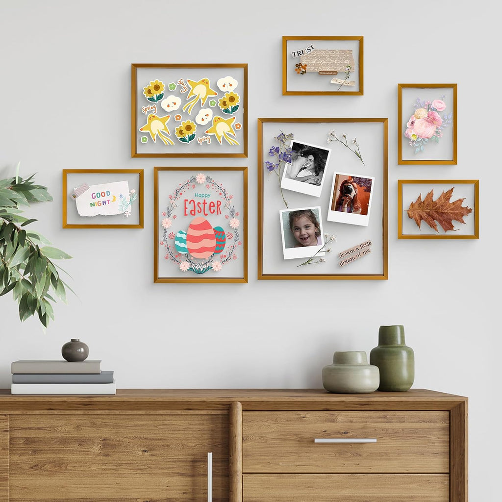 Bronze Metal Floating Picture Frame 7 Set(4 11x14, 2 8x10, 4 5x7) | Tempered Glass Front, Plexiglass Back, for Photo