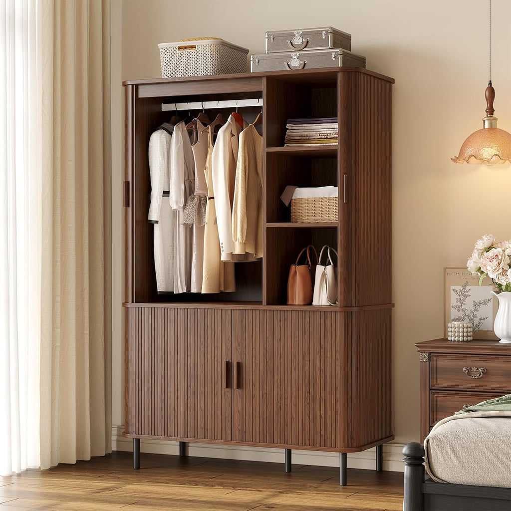 Armoire Wardrobe Closet with Sliding Doors, 71" Bedroom Armoires, Walnut | with 2 Drawers, with Hanging Rod and