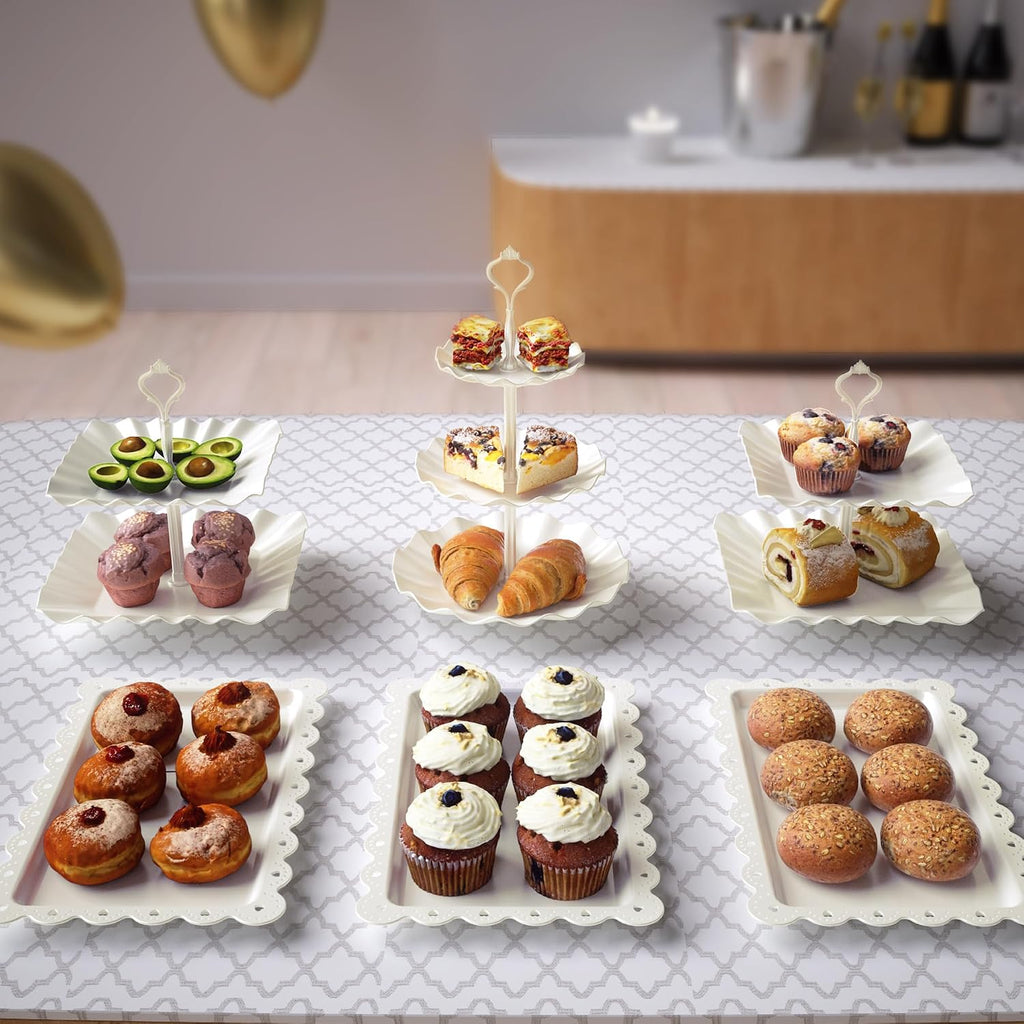 Cake Stand Set with 3 x Two-Tier and 3 x Three-Tier Cupcake Stands, Plastic Dessert Table Stand Set 3 Tired - Set of 10