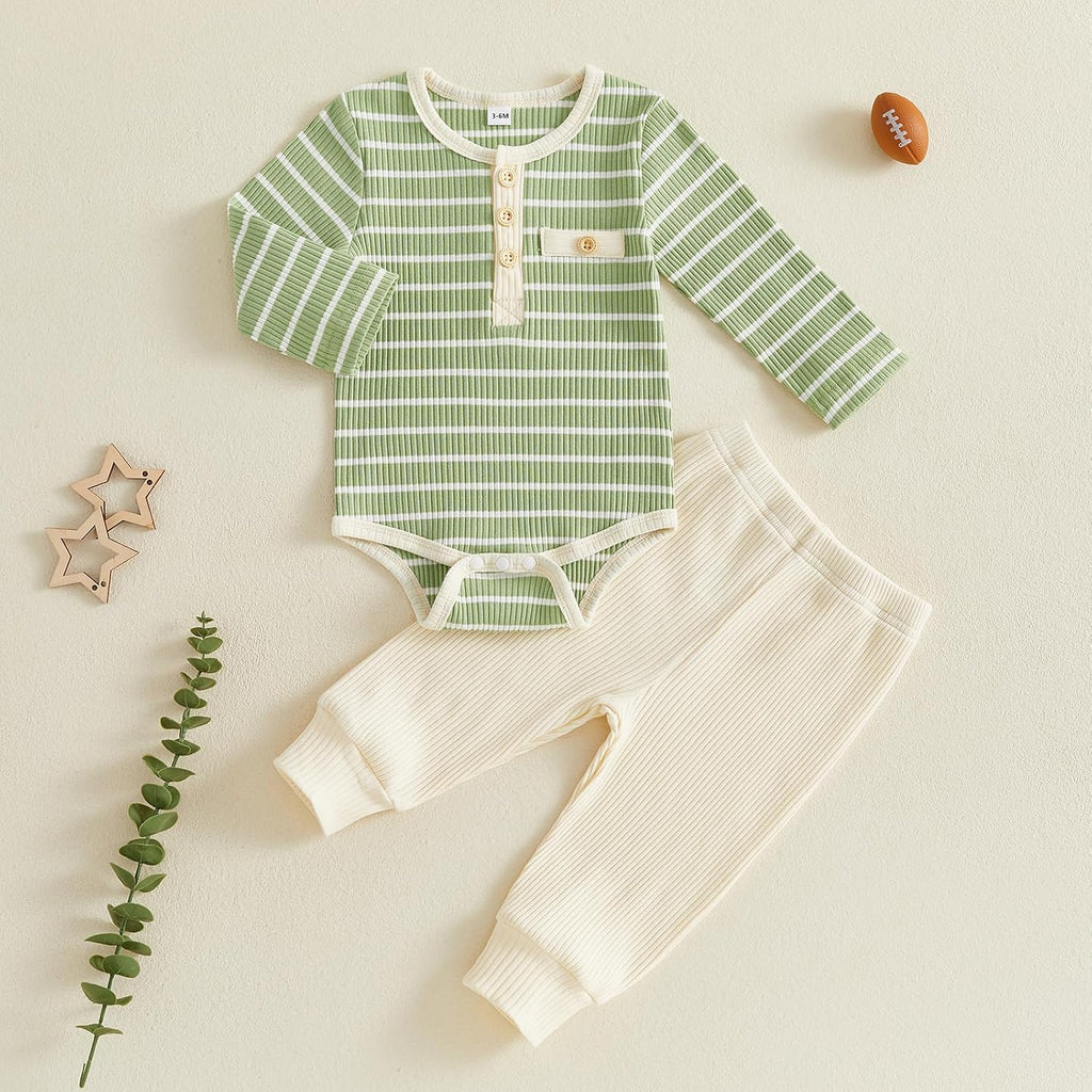 Newborn Baby Boy Clothes Ribbed Knitted Striped Romper Pants Set