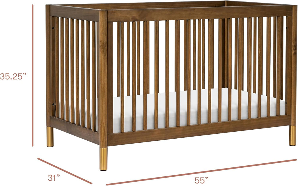 Gelato 4-in-1 Baby Crib, Natural Walnut & Brushed Gold Feet | GREENGUARD Gold Certified Convertible Crib - Converts