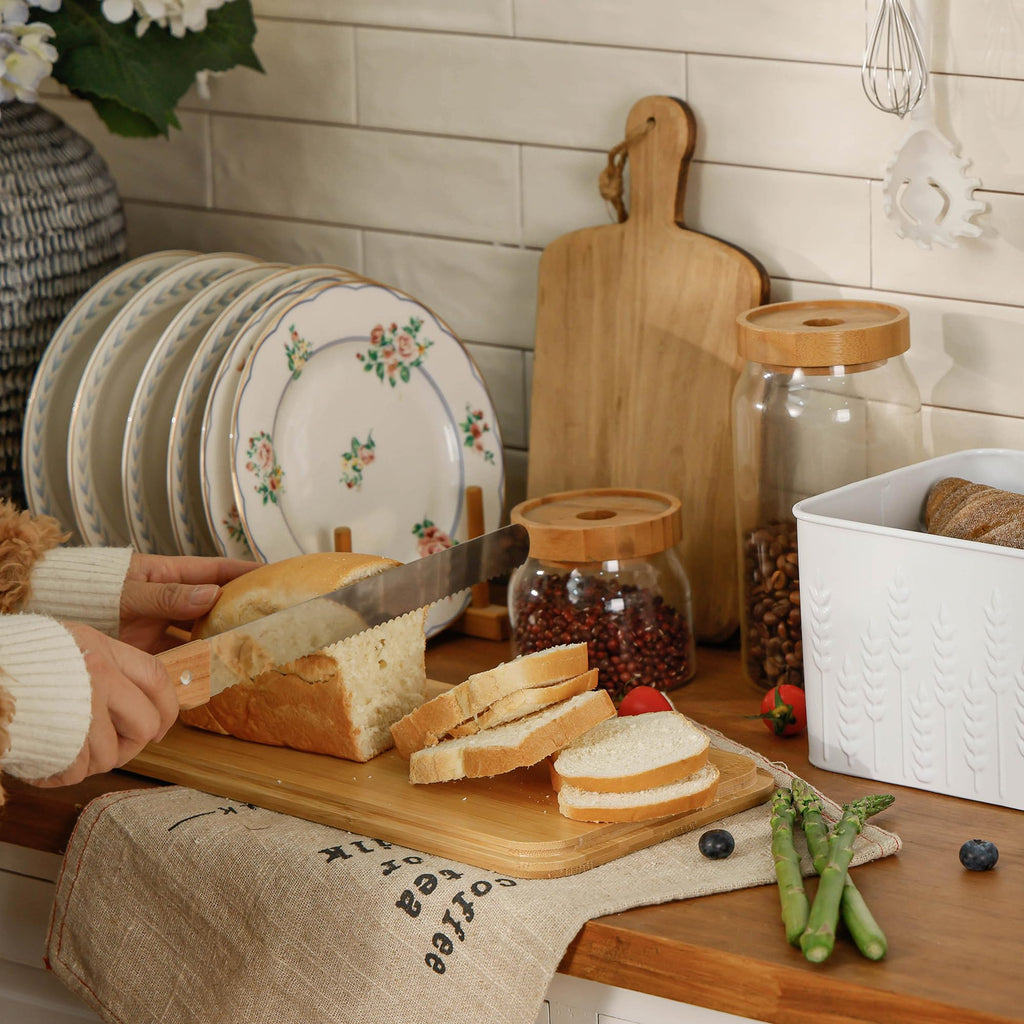 Bread Box - Large White Ear of Wheat Embossed with Bamboo Lid