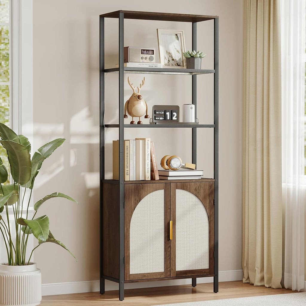 Rattan Bookshelf with Storage, Boho Bookcase with Wicker Doors, 71" Tall Book Shelf with LED Lights, Brown